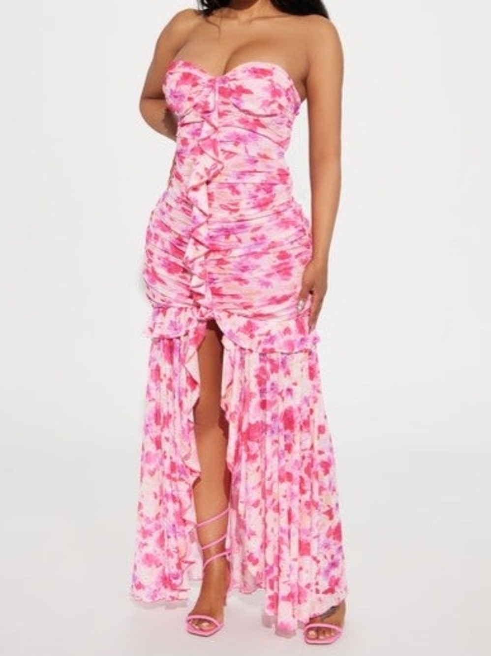 Fashion Nova Pink Floral Strapless Ruffle Maxi Dress